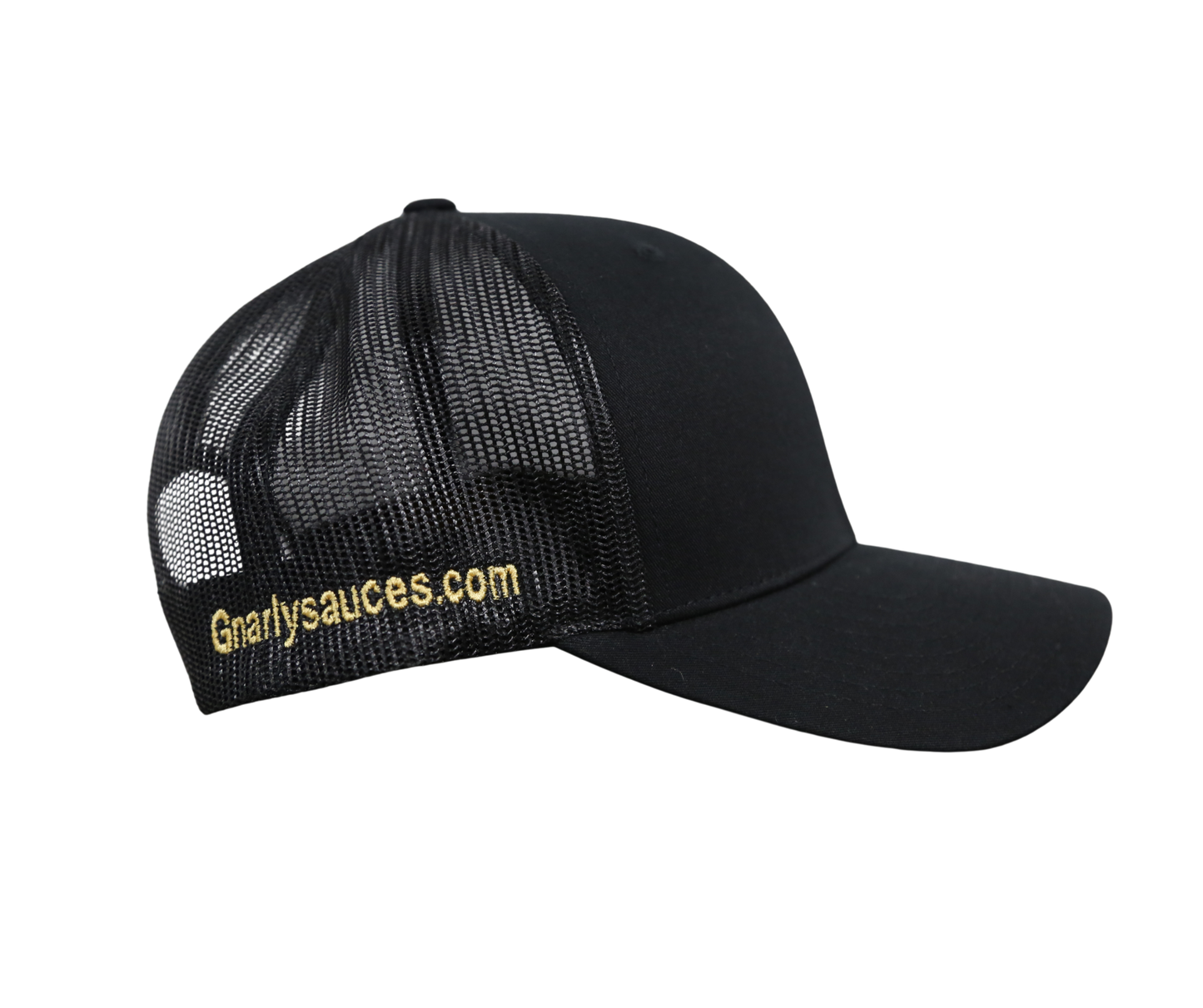 Black cap with mesh back and 'Gnarlysauces.com' text on a black background