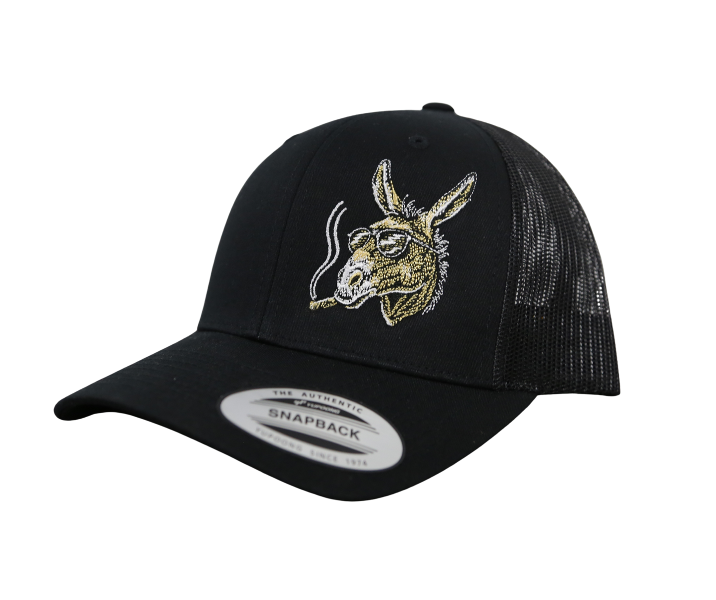 Black trucker cap with a donkey logo on a black background