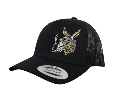 Black trucker cap with a donkey logo on a black background