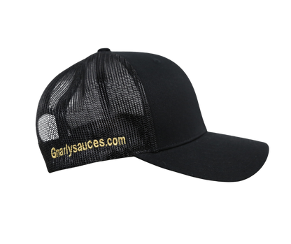 Black cap with mesh back and 'Gnarlysauces.com' text on a black background